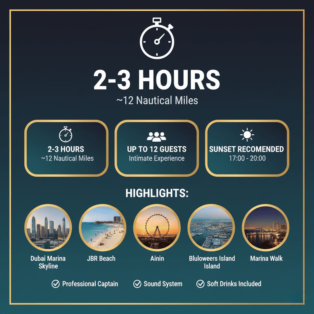 Dubai Marina JBR yacht tour route, explore Dubai landmarks.