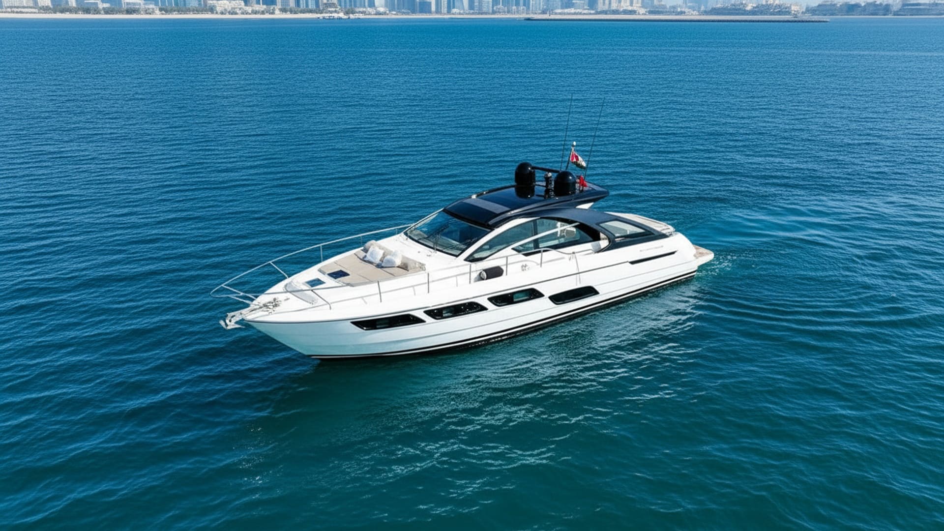 Aerial perspective of Crystal Fortune 52 ft yacht in Dubai Marina