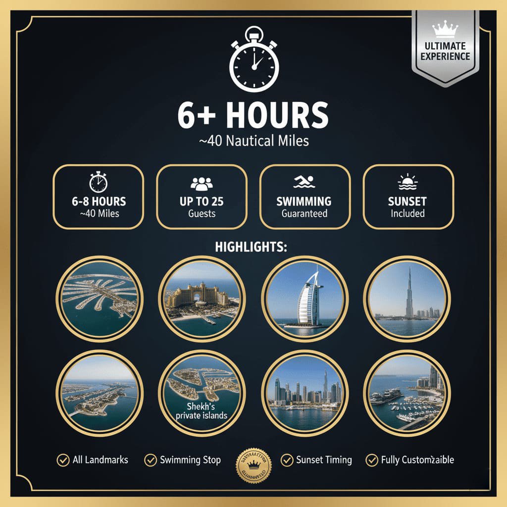 Dubai full-experience yacht tour route showing all highlights.