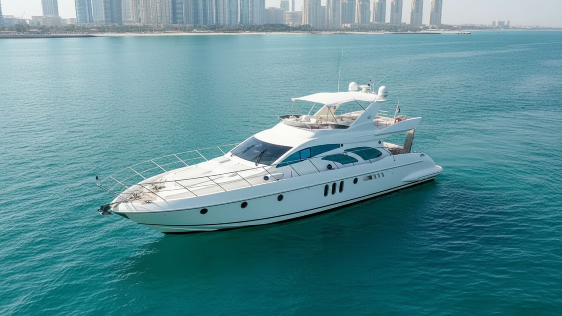 Aerial view of Sunset Lady 62 ft cruising Dubai waters