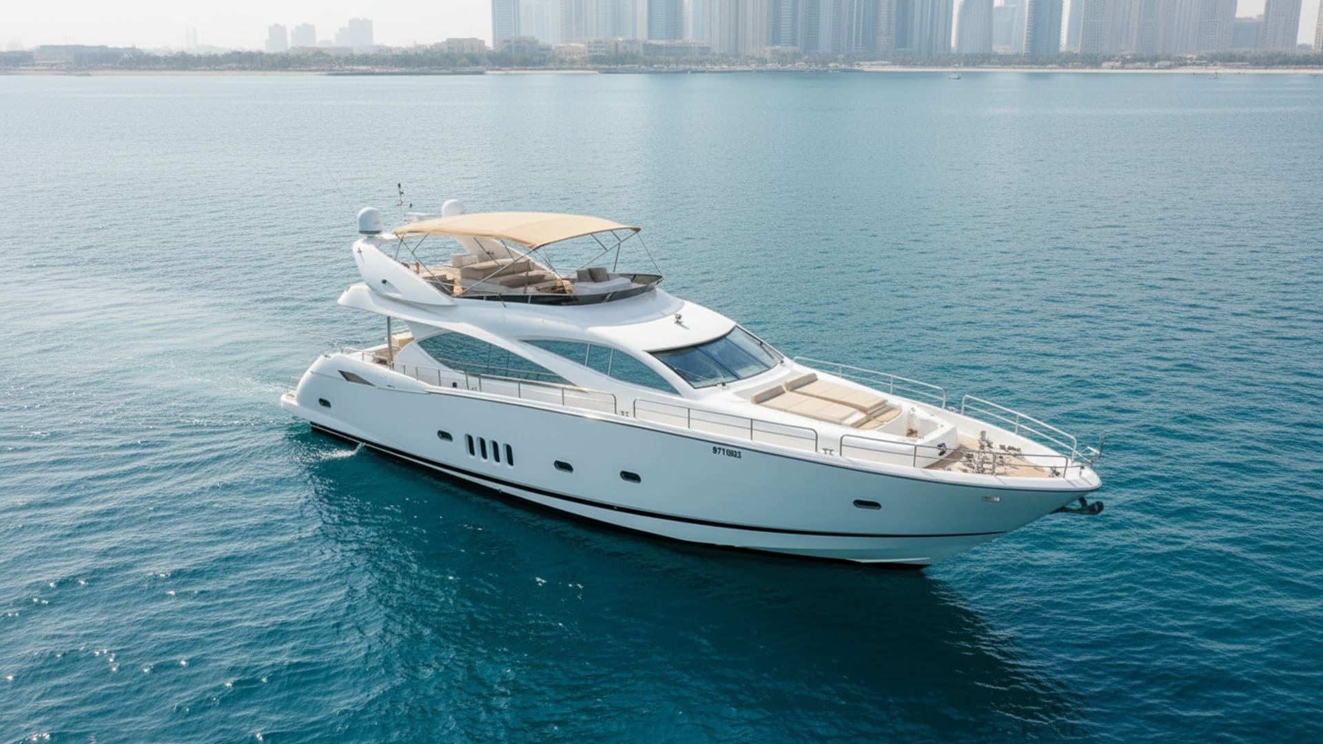 Aerial view of Vision Princess 82 ft yacht cruising Dubai