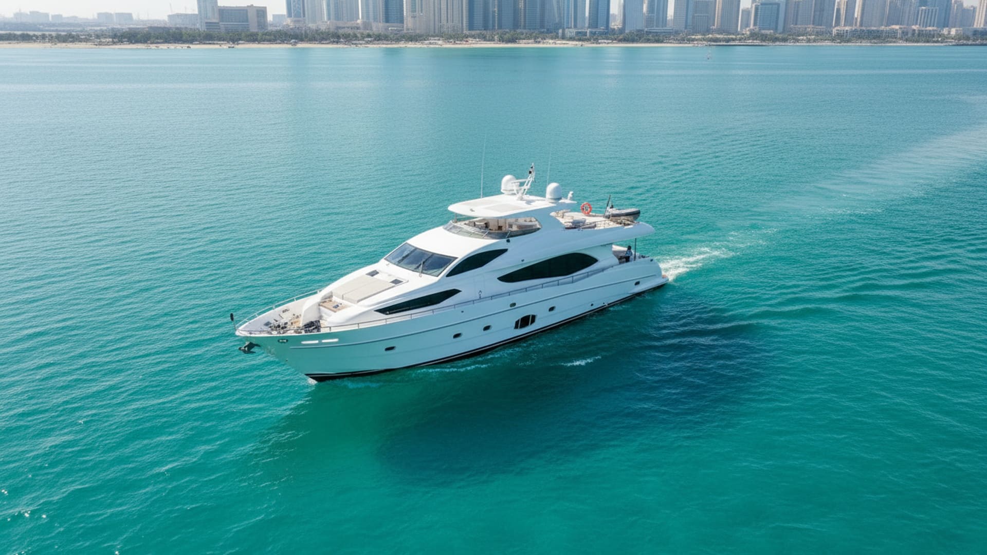Aerial view of Coral Explorer 101 ft yacht cruising Dubai