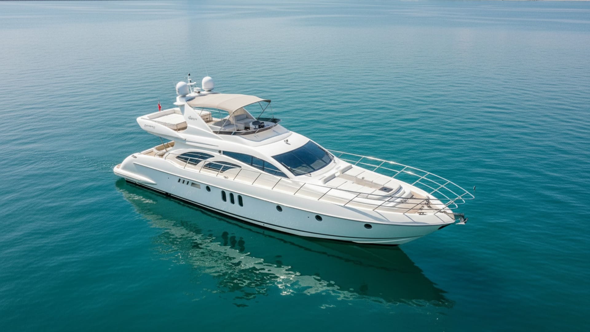 Moonlight Seeker 62 ft yacht aerial view, Dubai skyline