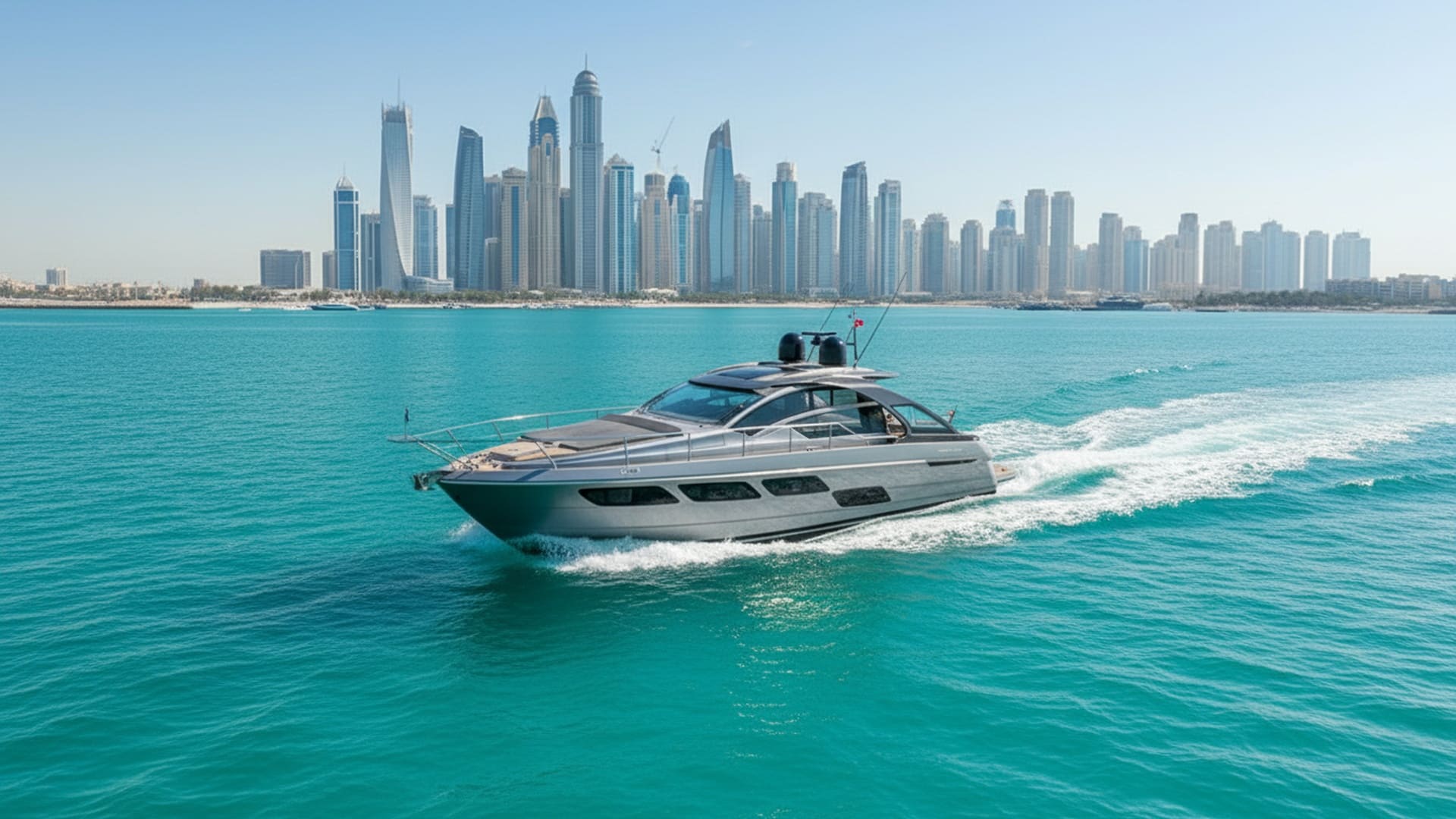 Aerial view of Diamond Knight 52 ft cruising Dubai Marina