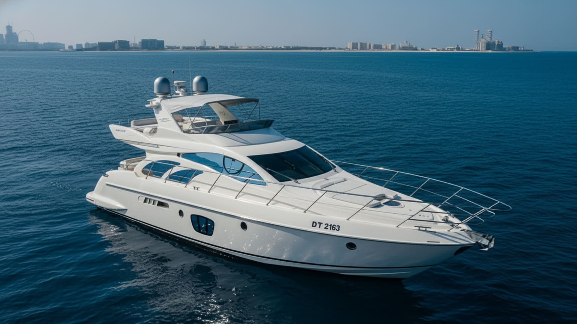 Diamond Empress 55 ft aerial view Dubai Marina yacht charter